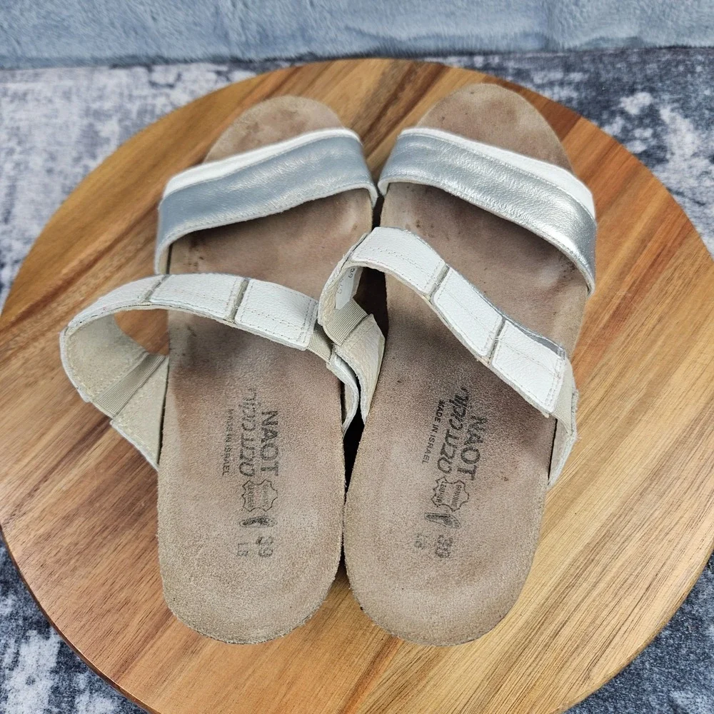 Naot Royalty Women's Soft White/Silver Leather Wedge Slide Sandals EU 39/US 8